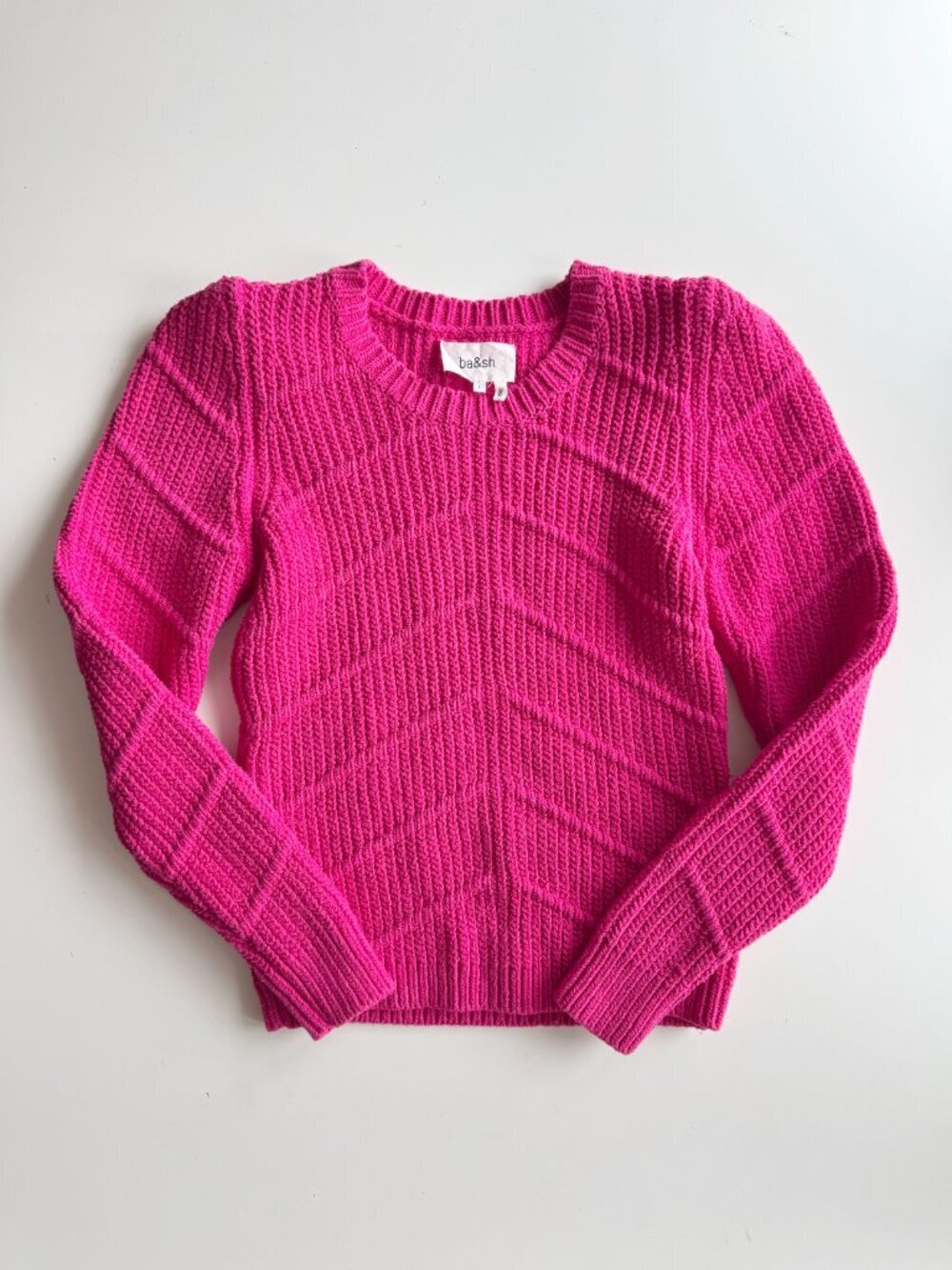 BA&SH Dabney Fuchsia Pink Cotton Knit Ribbed Puff Sleeve Sweater, Size L - Picture 4 of 16
